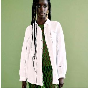 Zara NWT Oversized Lace Insert Linen Shirt